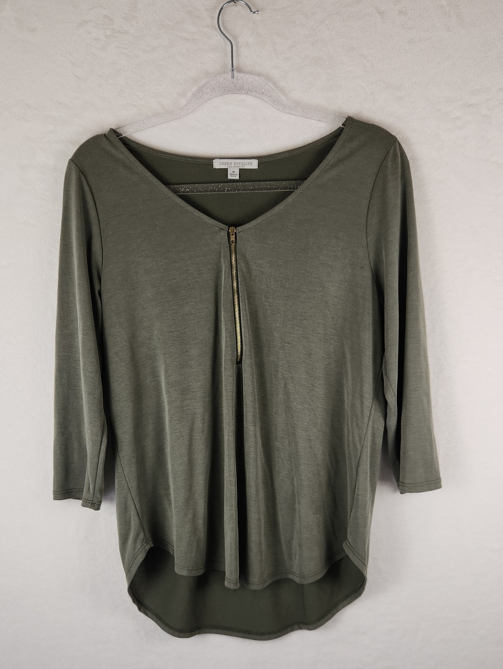 Green Envelope Olive V-Neck 3/4 Sleeve Top with Gold Zip Medium